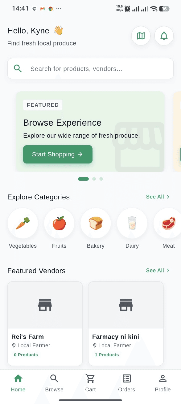 FarmDashr mobile marketplace home screen with product categories and featured vendors.