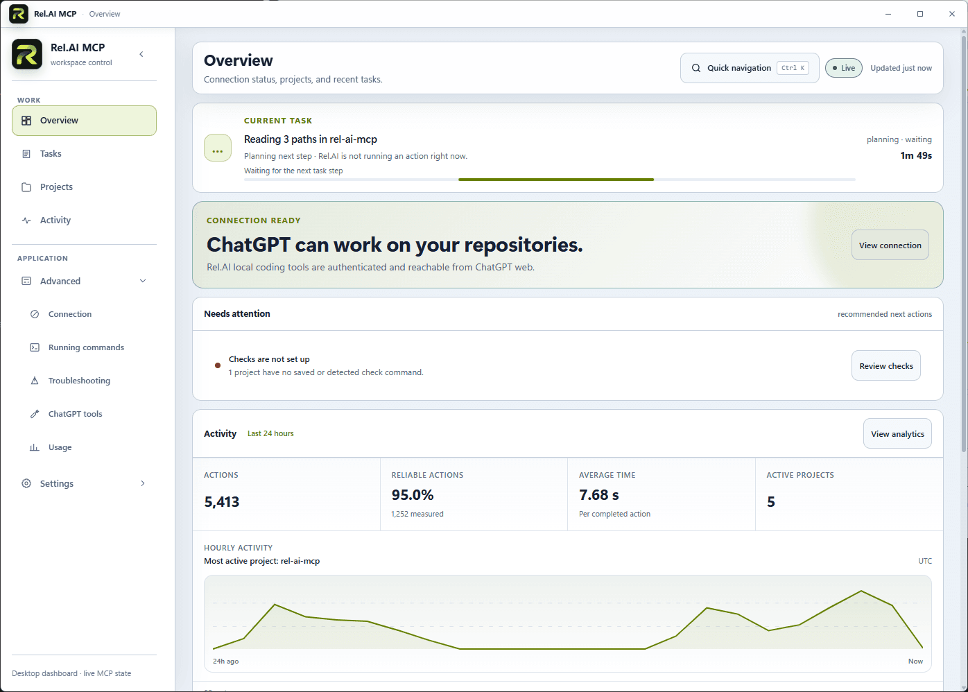 Rel.AI MCP desktop dashboard showing repository connection, current task, and activity.