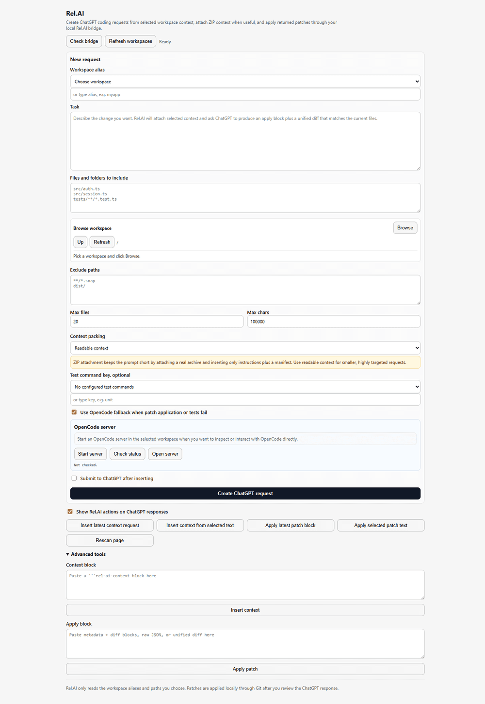 Original Rel.AI interface for selecting workspace context and creating a ChatGPT coding request.