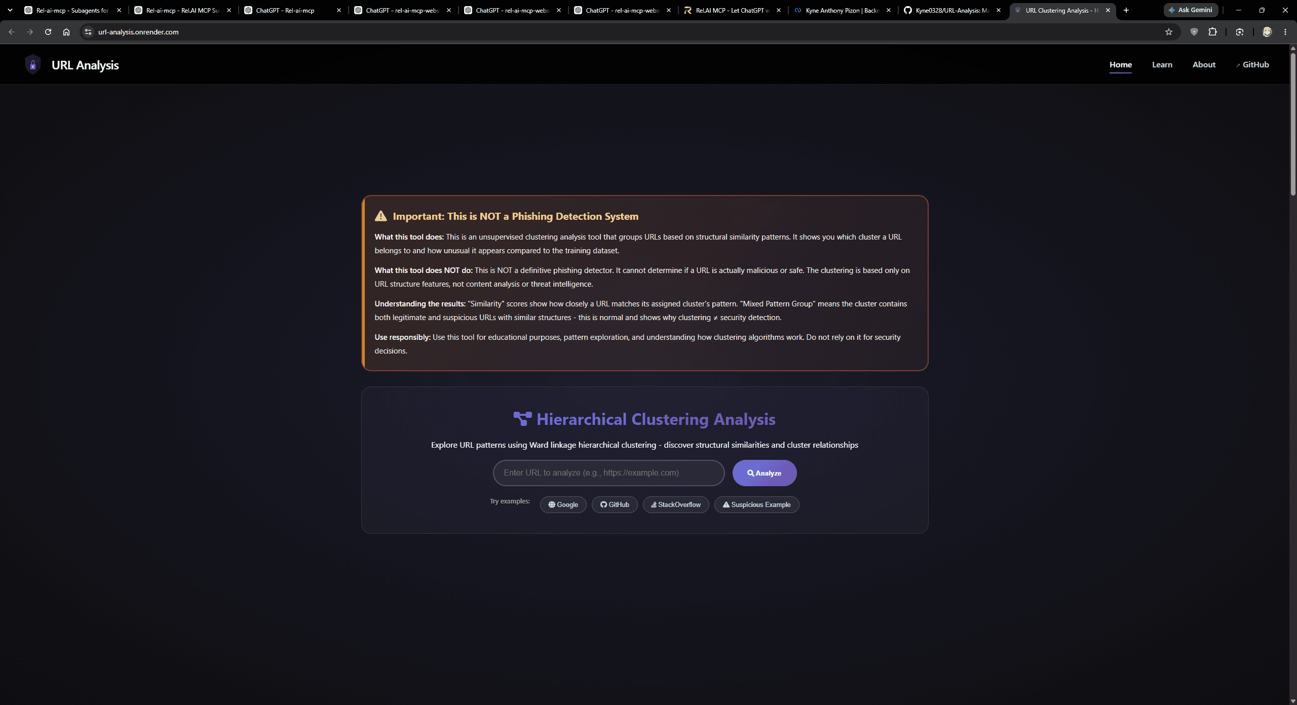 URL-Analysis web interface showing hierarchical clustering analysis and its usage warning.